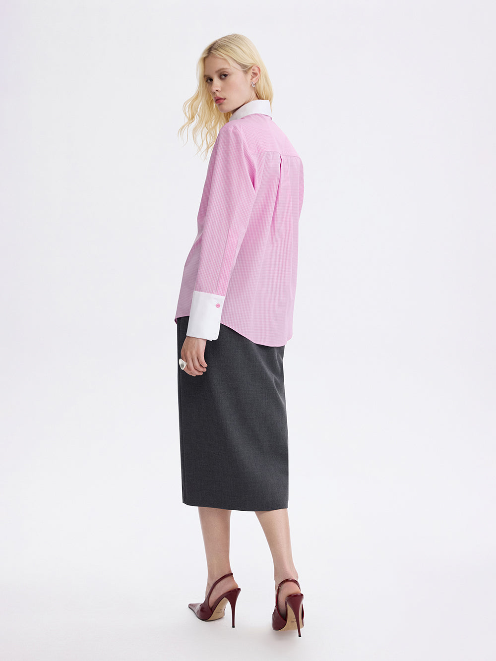 PRAS contrast collar shirt in pink check, side