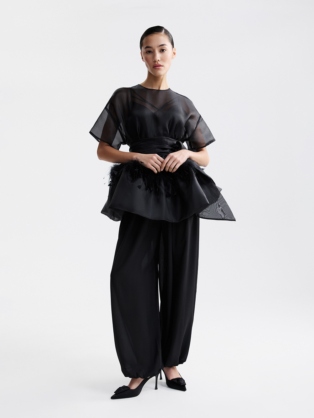 Organza top with feathers