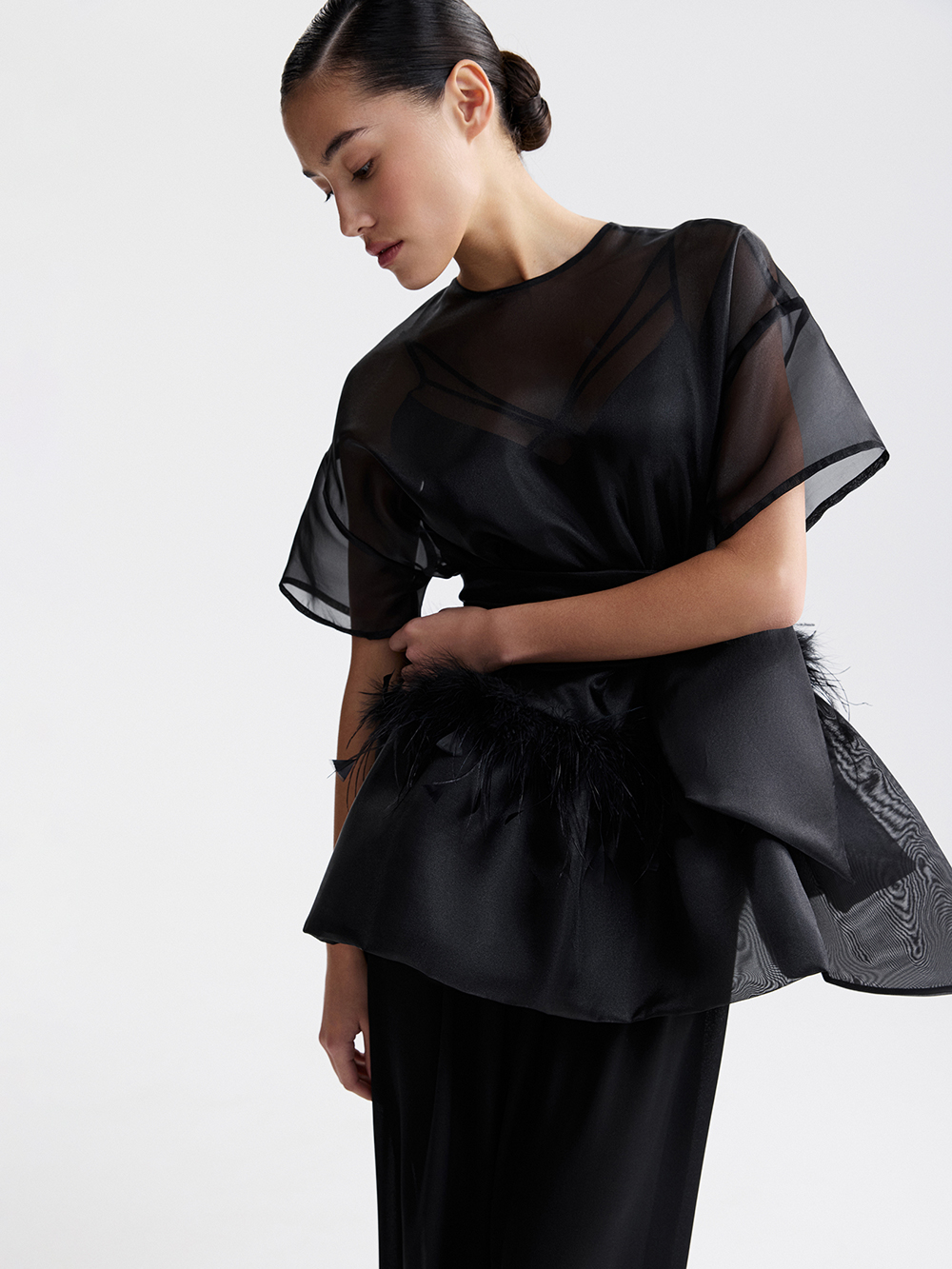 Organza top with feathers