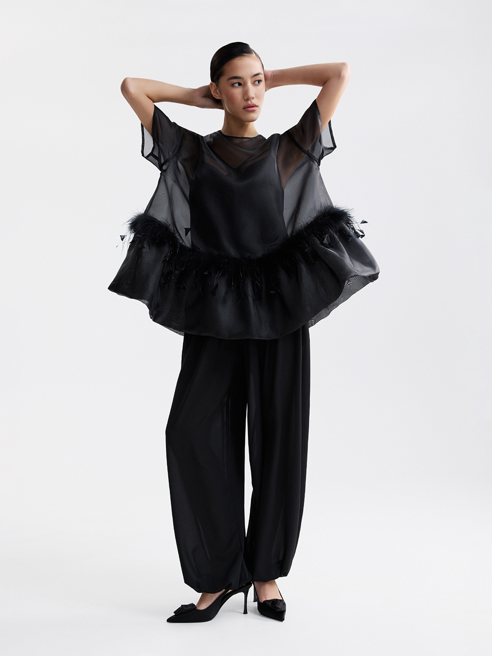 Organza top with feathers