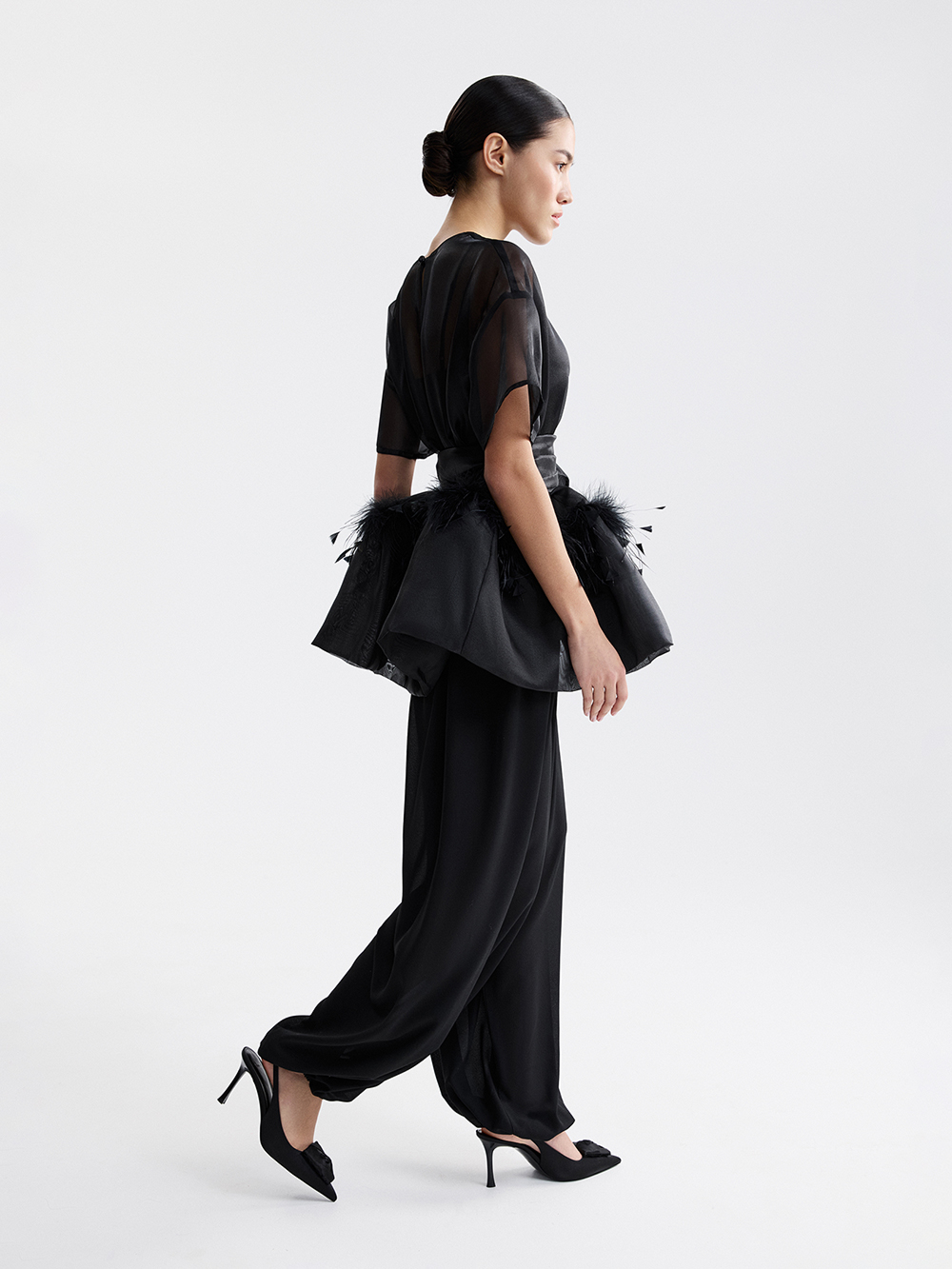 Organza top with feathers