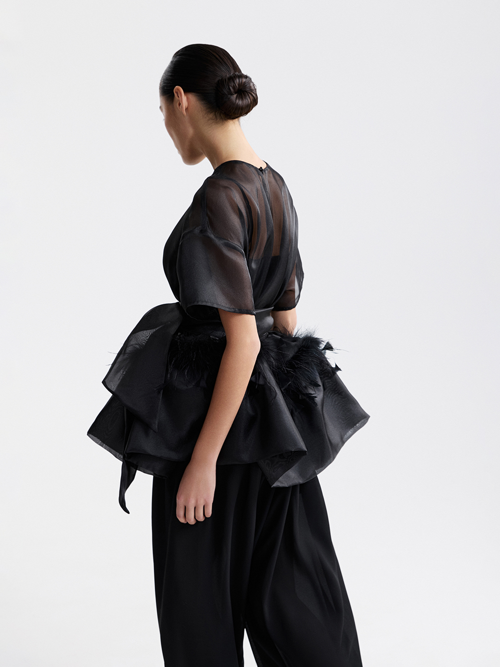 Organza top with feathers