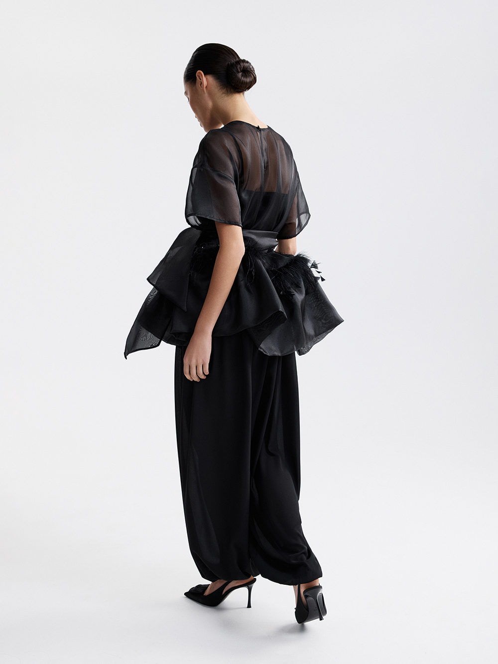 Organza top with feathers
