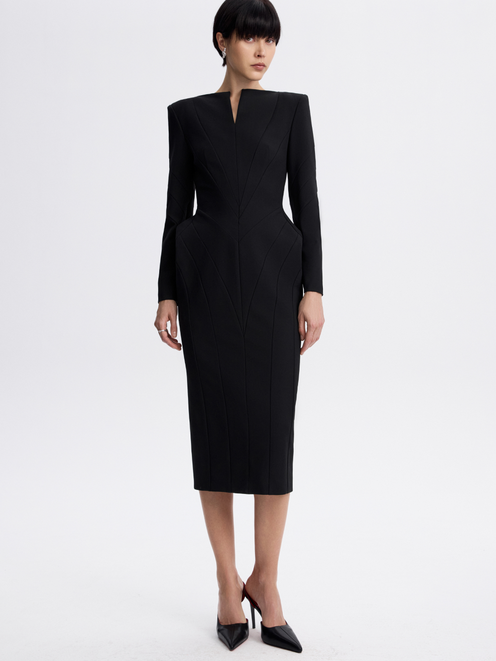 PRAS sculpted sheath dress in black, front, full length