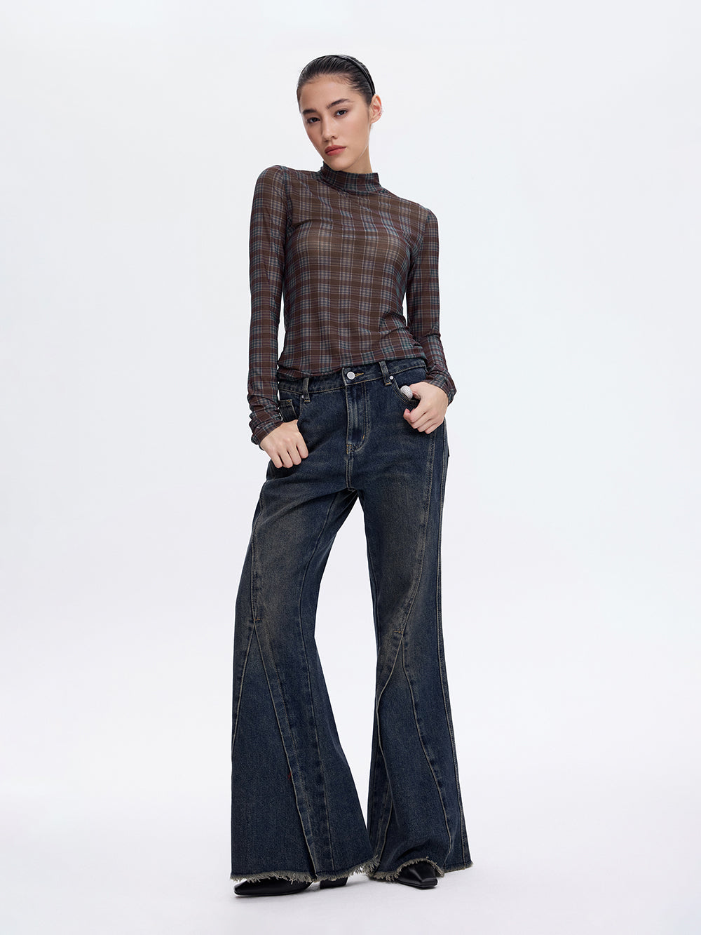 Printed Mesh Top — Burgundy Check