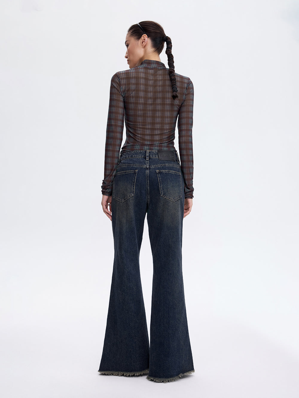 Printed Mesh Top — Burgundy Check