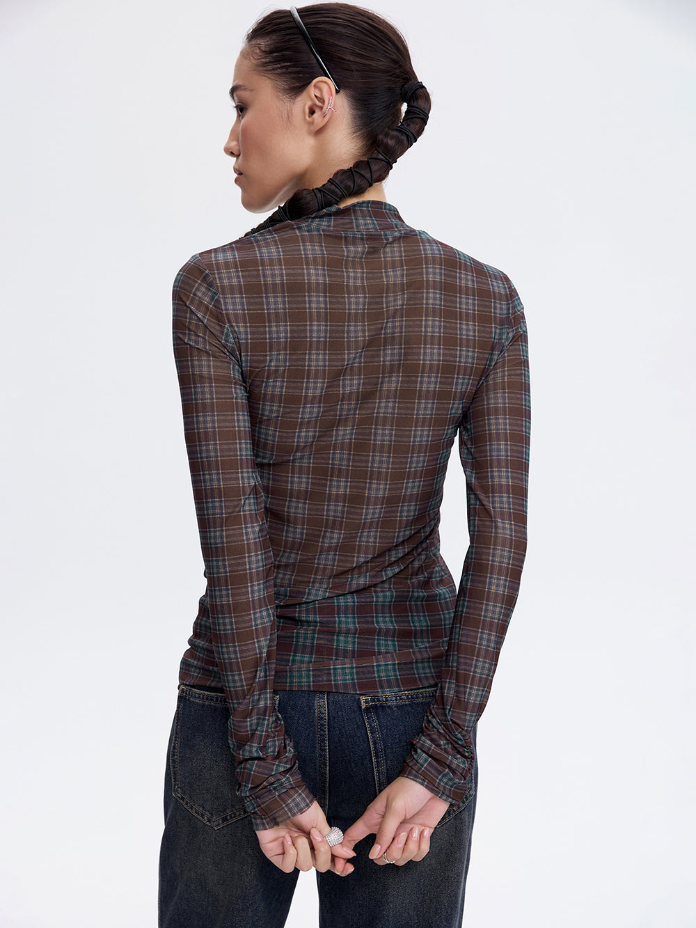 Printed Mesh Top — Burgundy Check