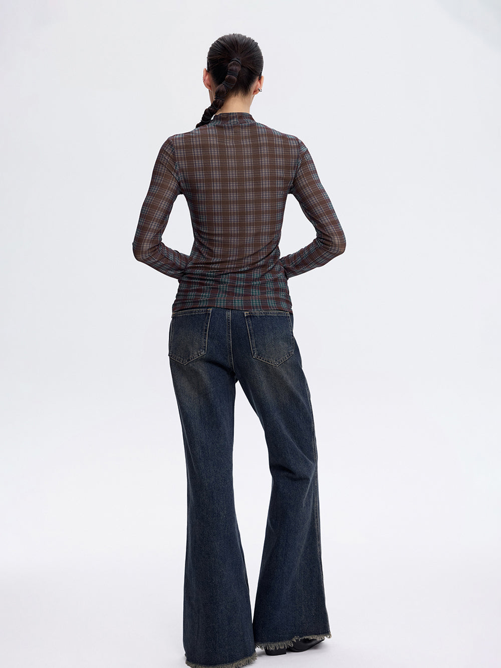 Printed Mesh Top — Burgundy Check