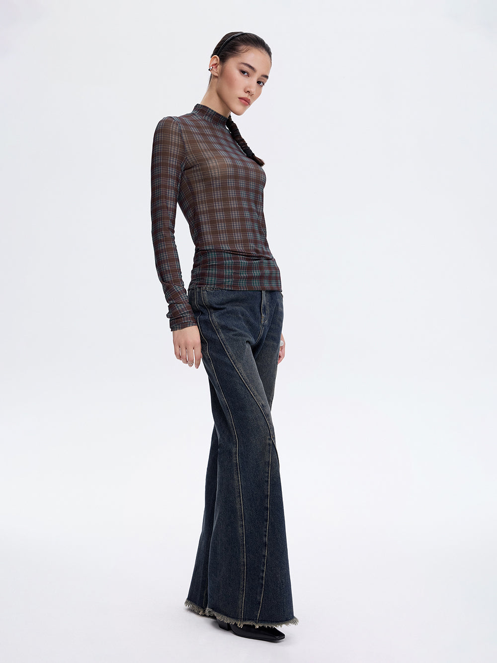 Printed Mesh Top — Burgundy Check