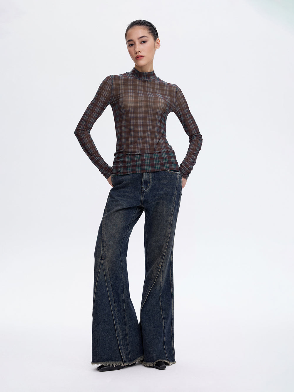 Printed Mesh Top — Burgundy Check