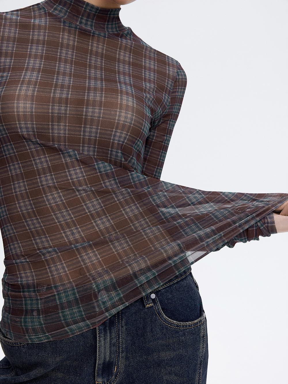 Printed Mesh Top — Burgundy Check