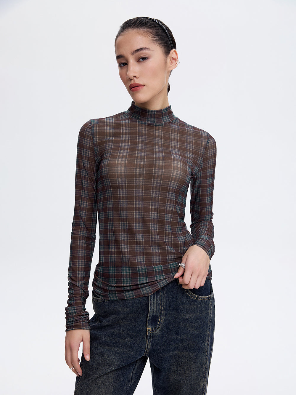 Printed Mesh Top — Burgundy Check