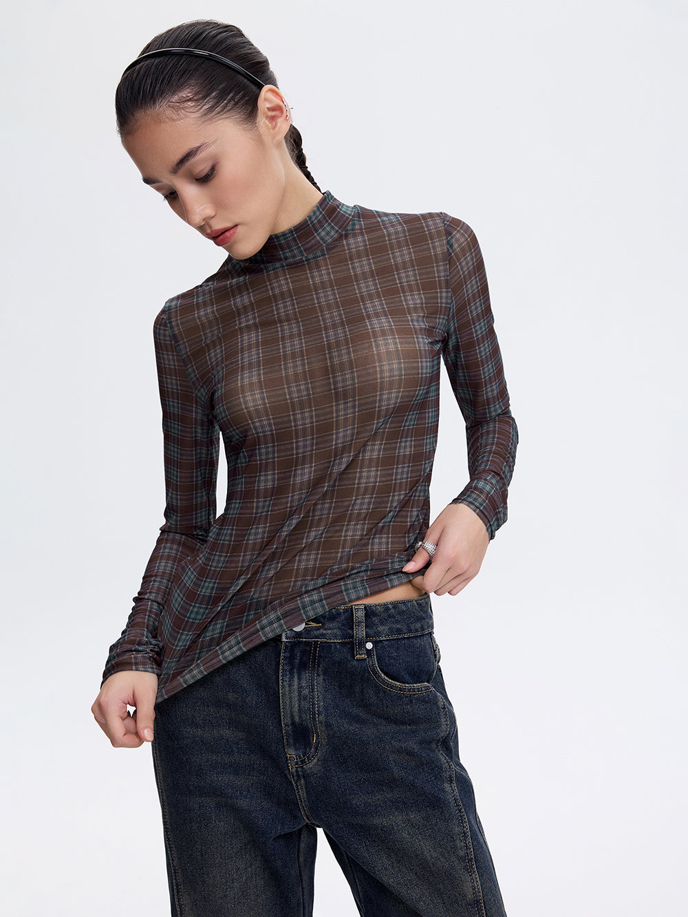 Printed Mesh Top — Burgundy Check