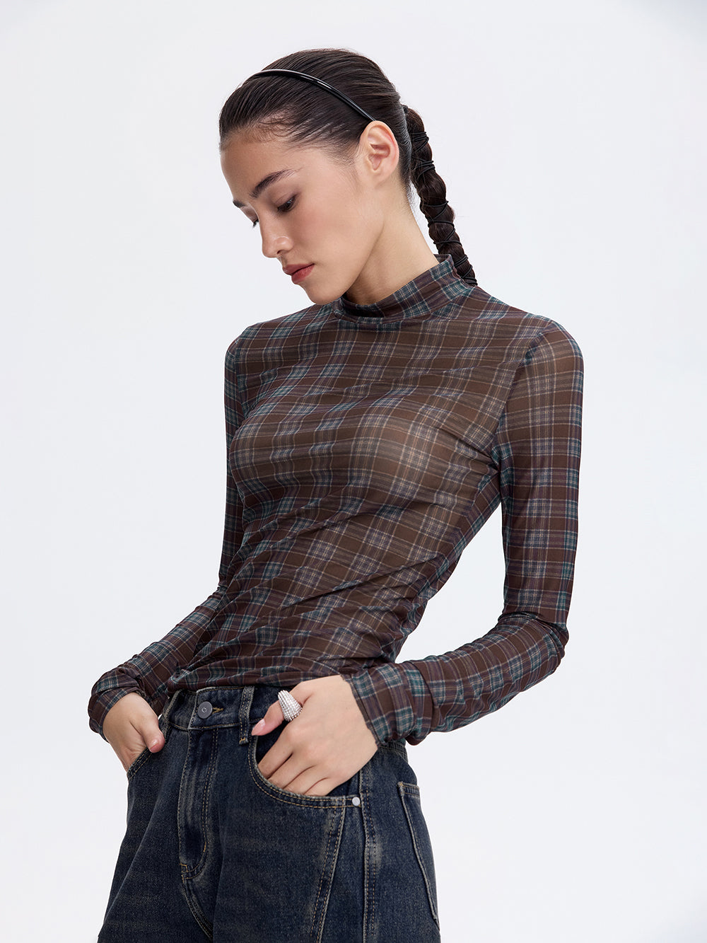 Printed Mesh Top — Burgundy Check