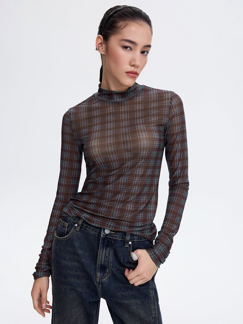 Printed Mesh Top — Burgundy Check
