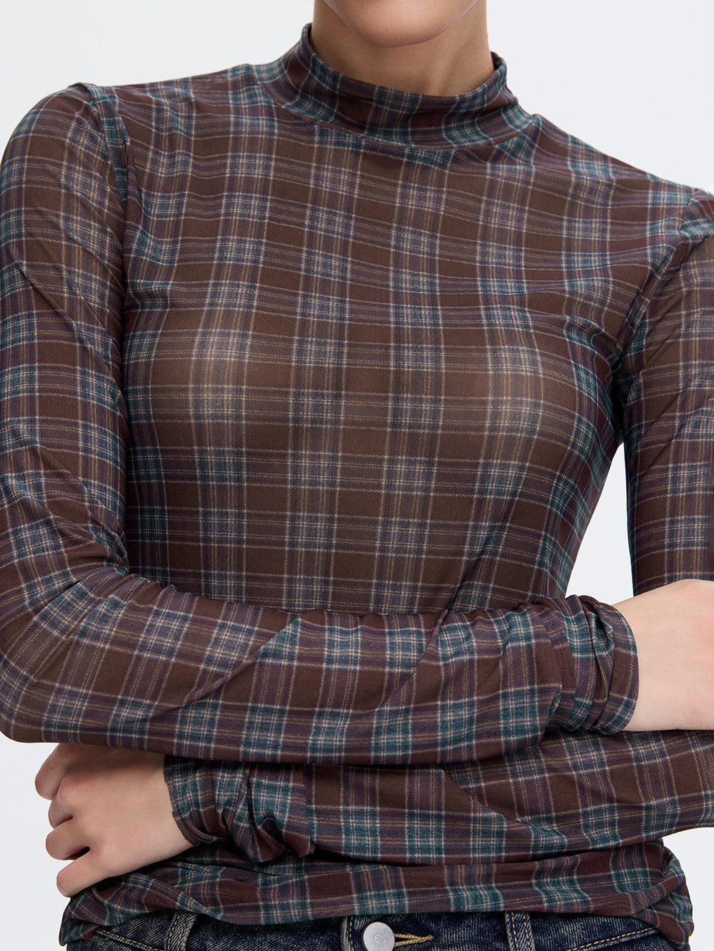 Printed Mesh Top — Burgundy Check