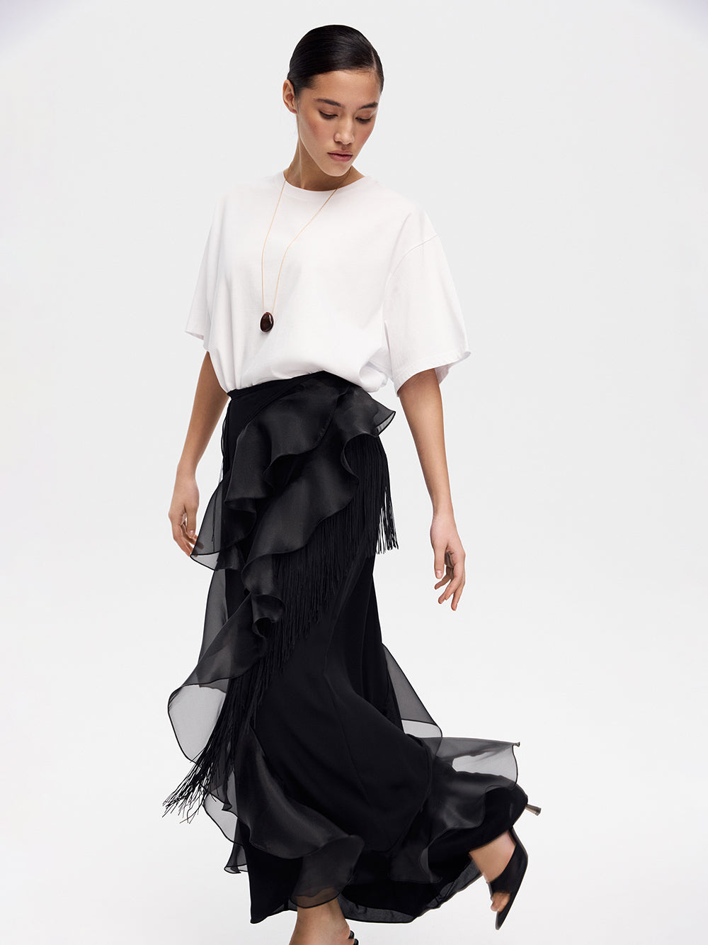 Ruffle & Fringe Maxi Skirt