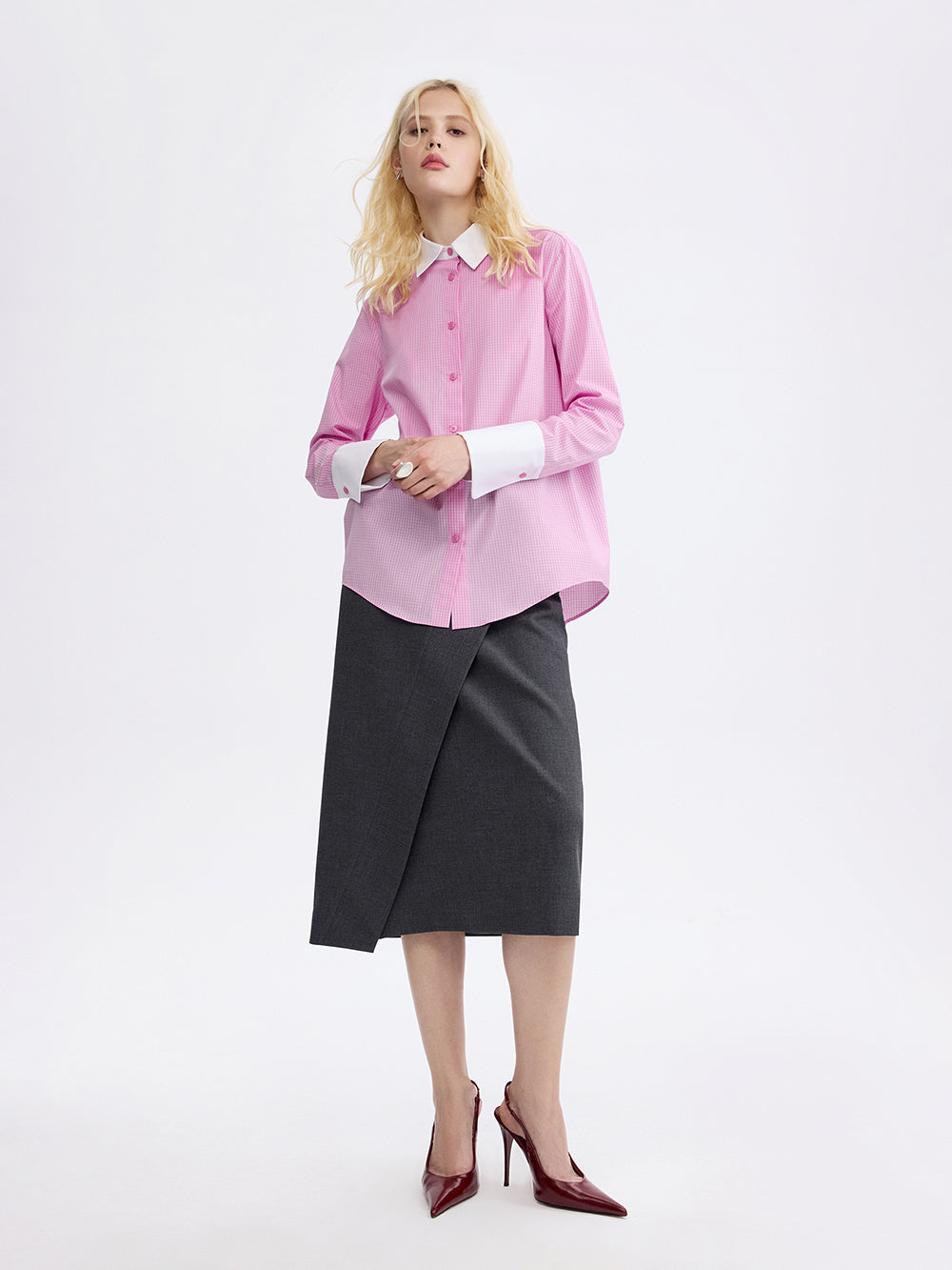 PRAS contrast collar shirt in pink check, front, full length