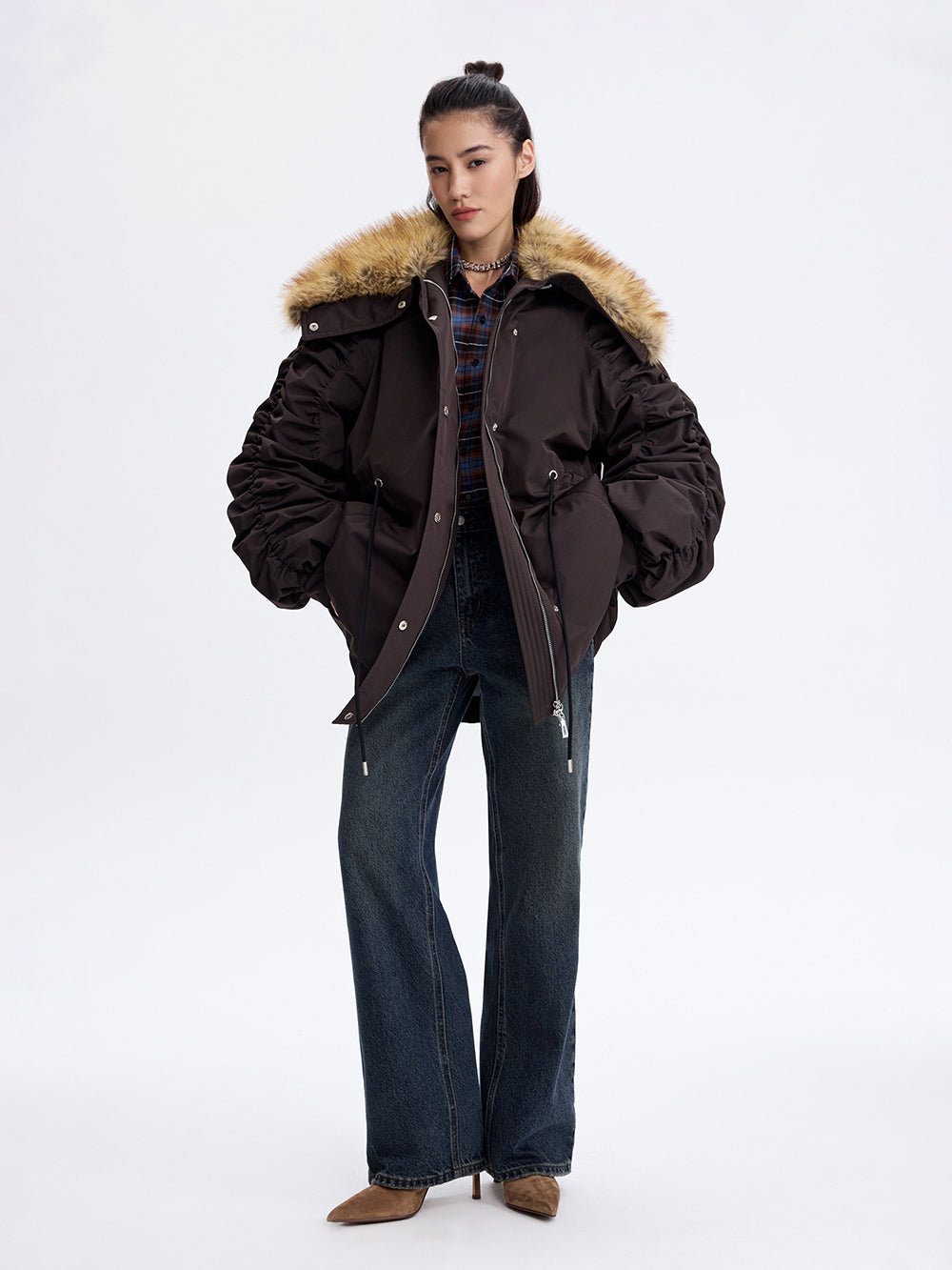 Faux Fox Collar Parka — Brown
