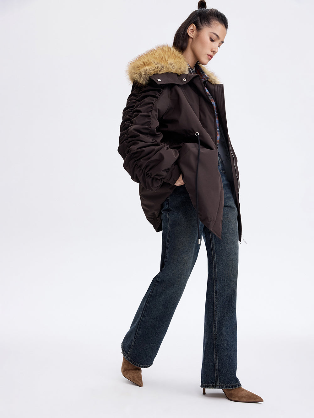 Faux Fox Collar Parka — Brown