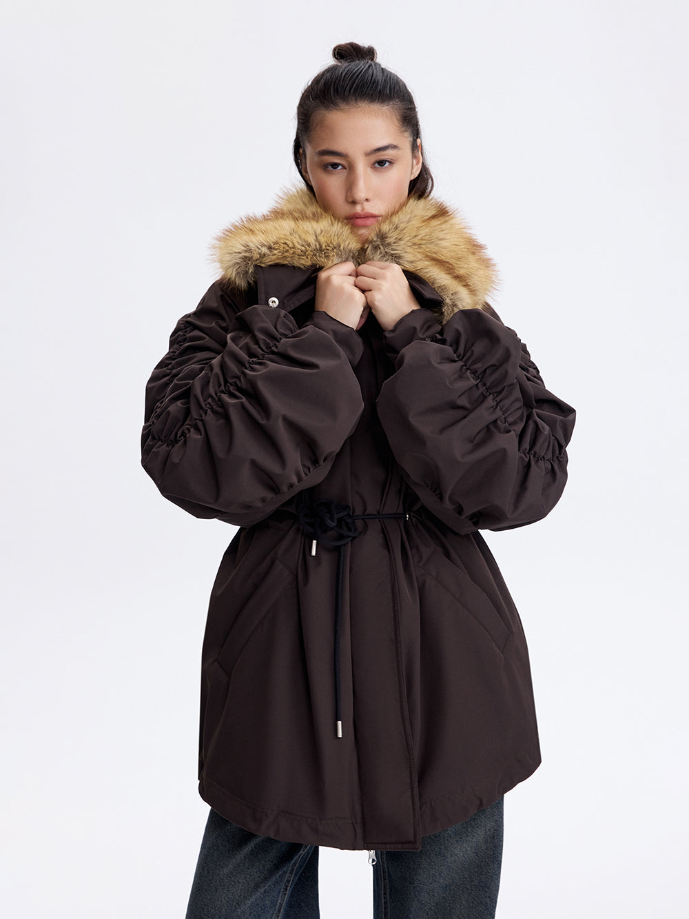 Faux Fox Collar Parka — Brown