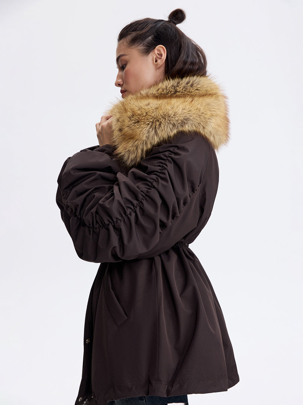 Faux Fox Collar Parka — Brown