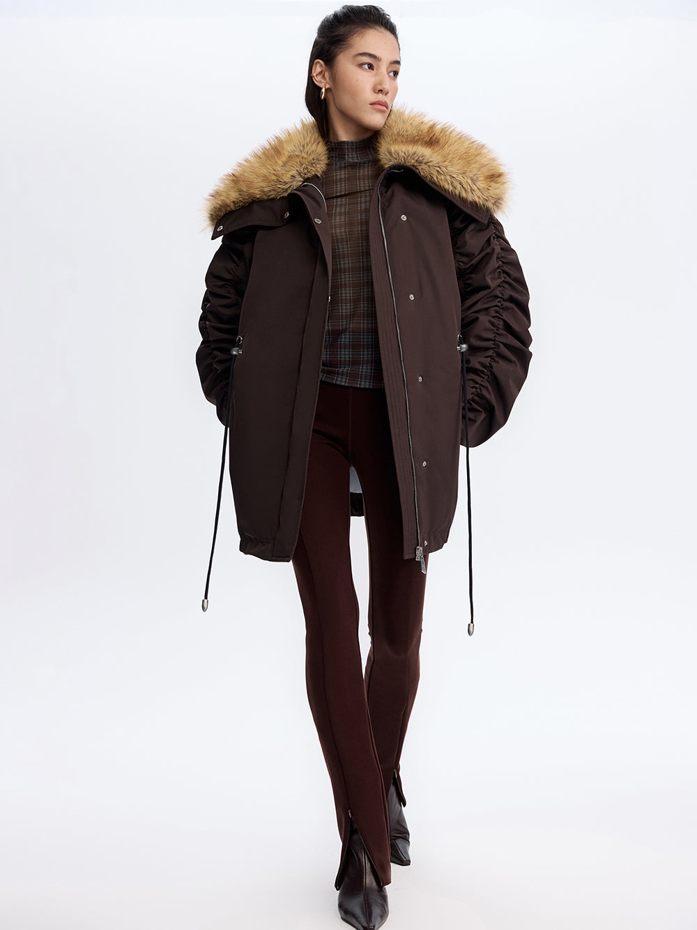 Faux Fox Collar Parka — Brown