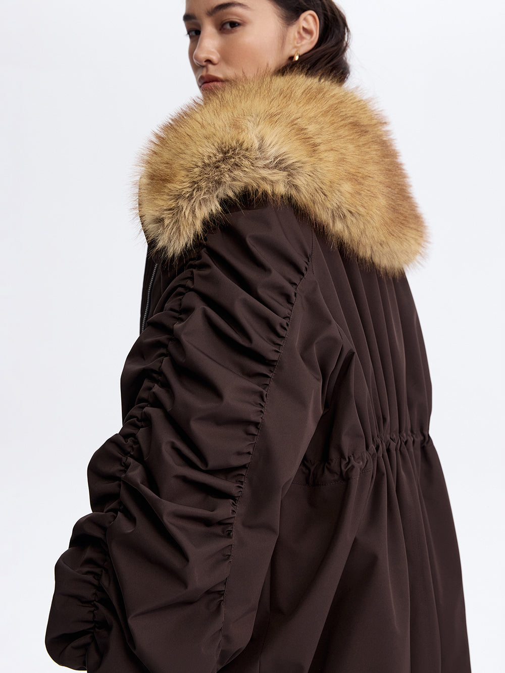 Faux Fox Collar Parka — Brown