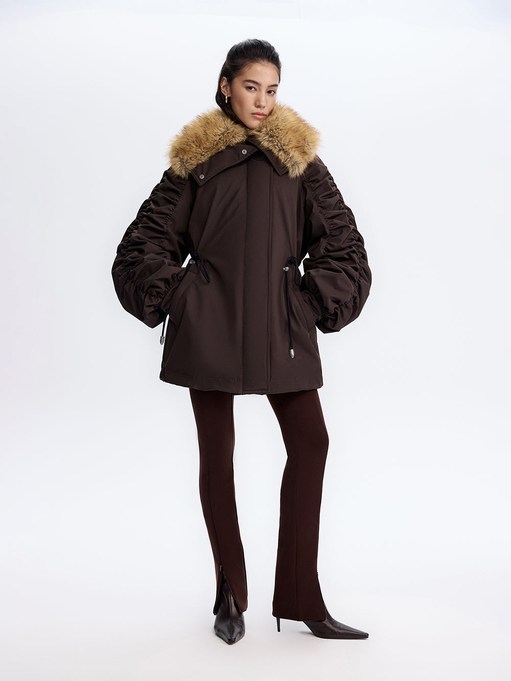 Faux Fox Collar Parka — Brown