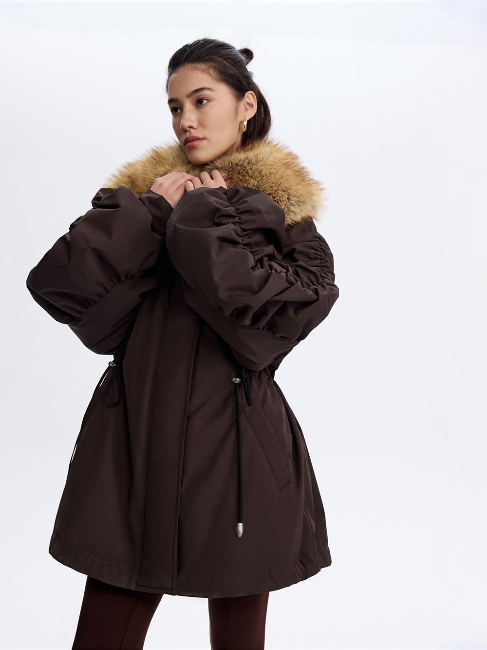Faux Fox Collar Parka — Brown