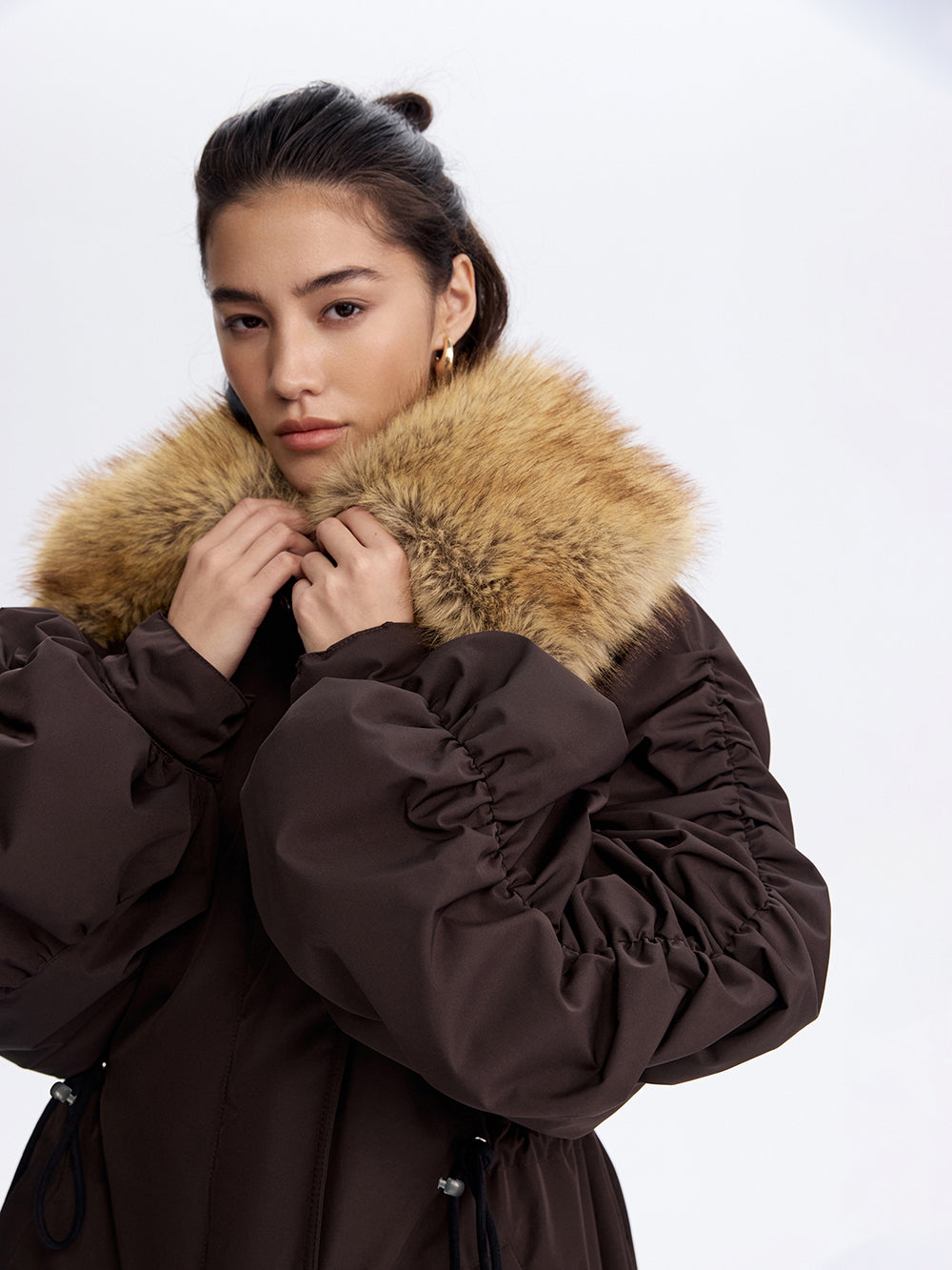 Faux Fox Collar Parka — Brown