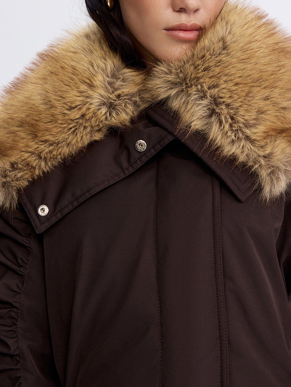 Faux Fox Collar Parka — Brown