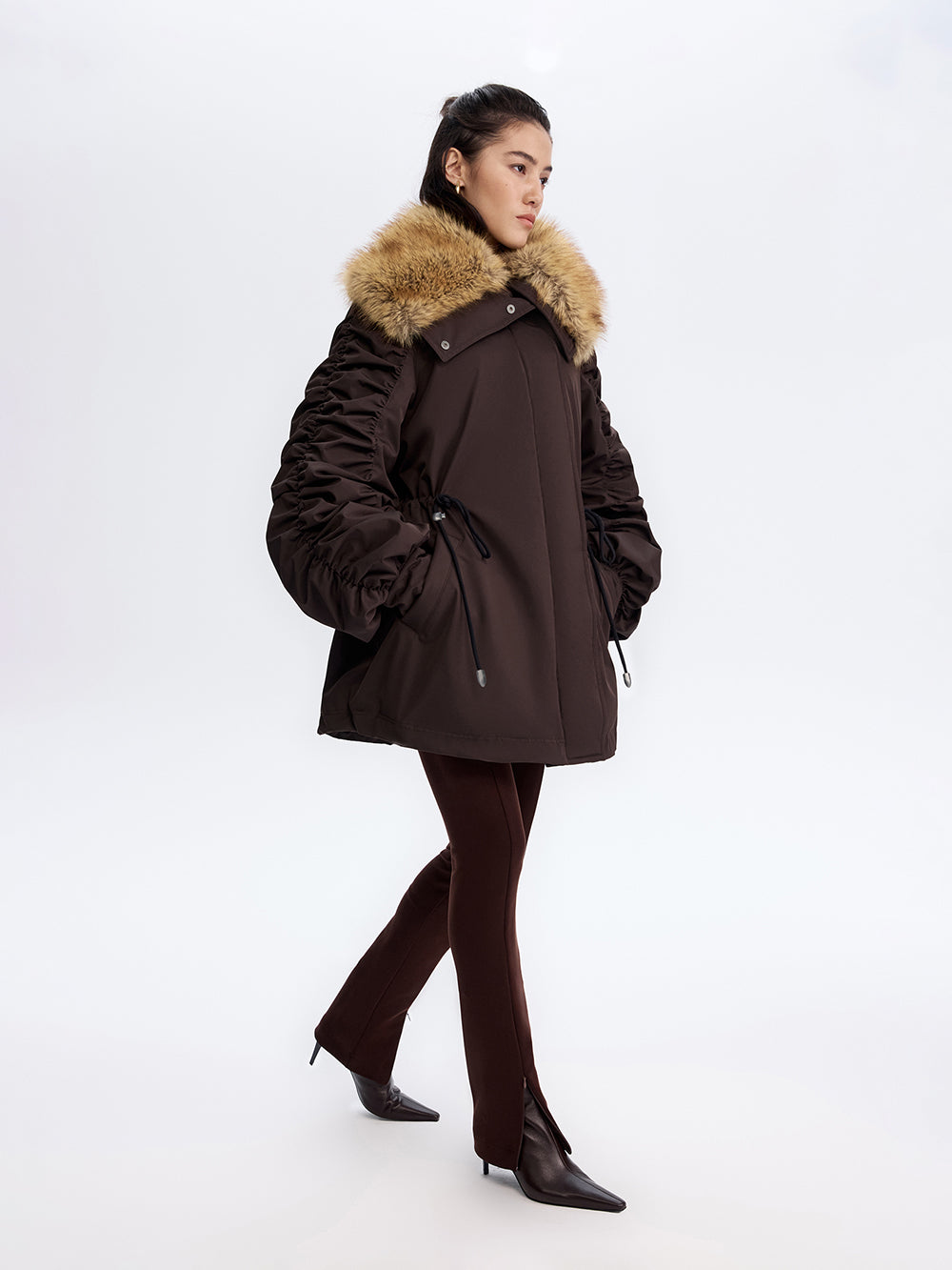 Faux Fox Collar Parka — Brown