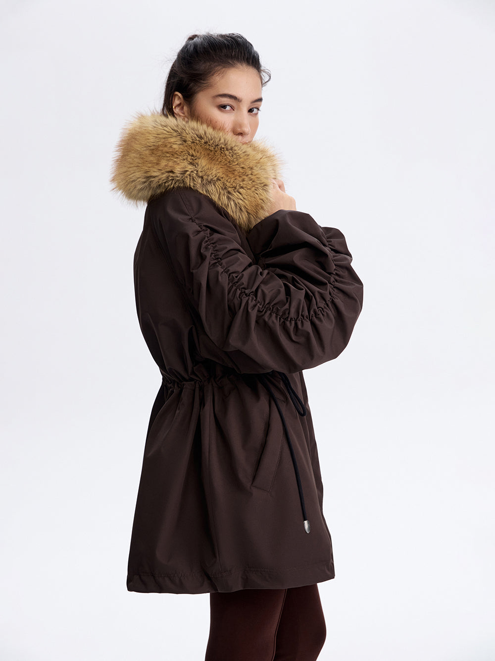 Faux Fox Collar Parka — Brown