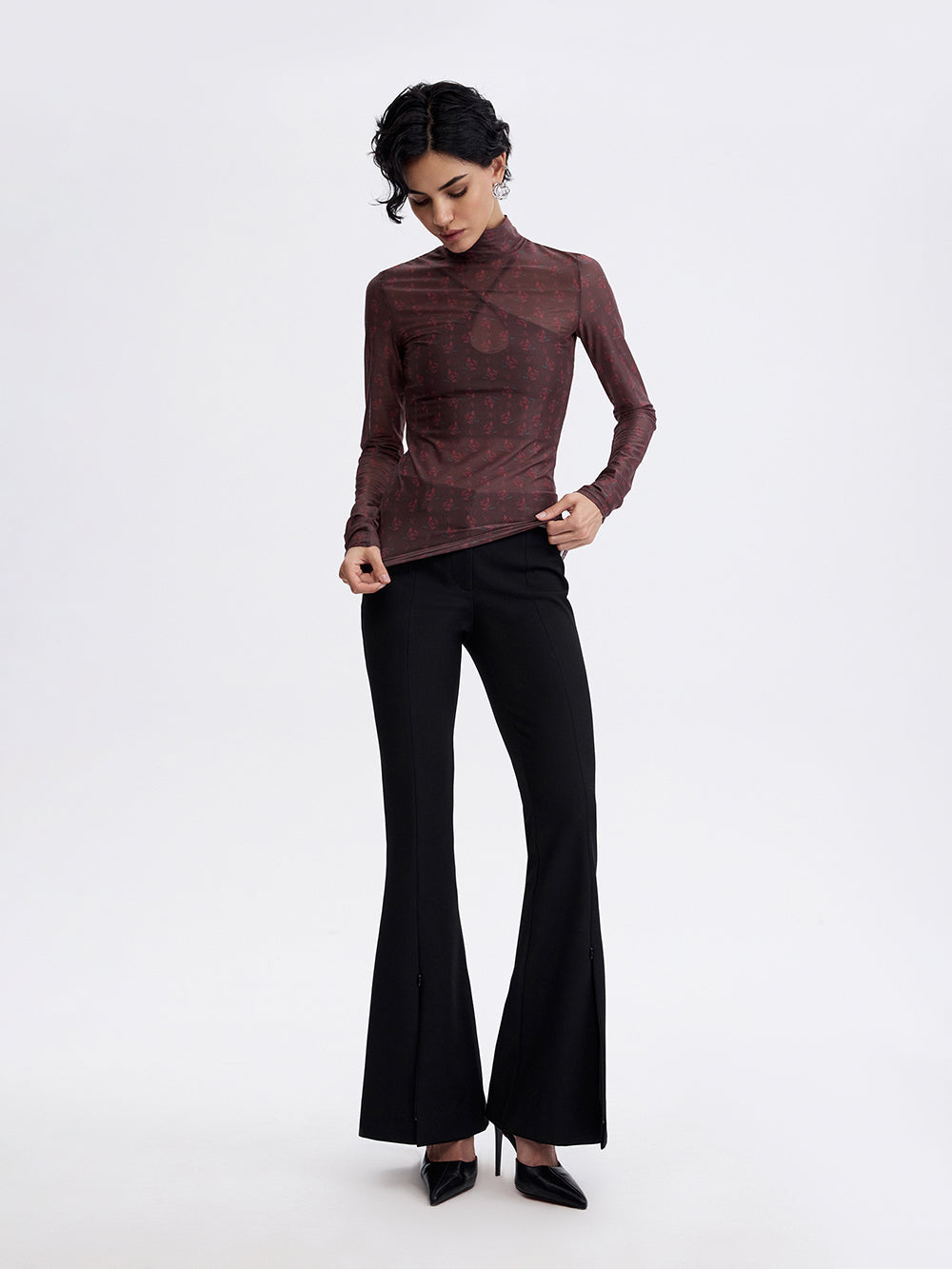 PRAS printed mesh top in burgundy, side