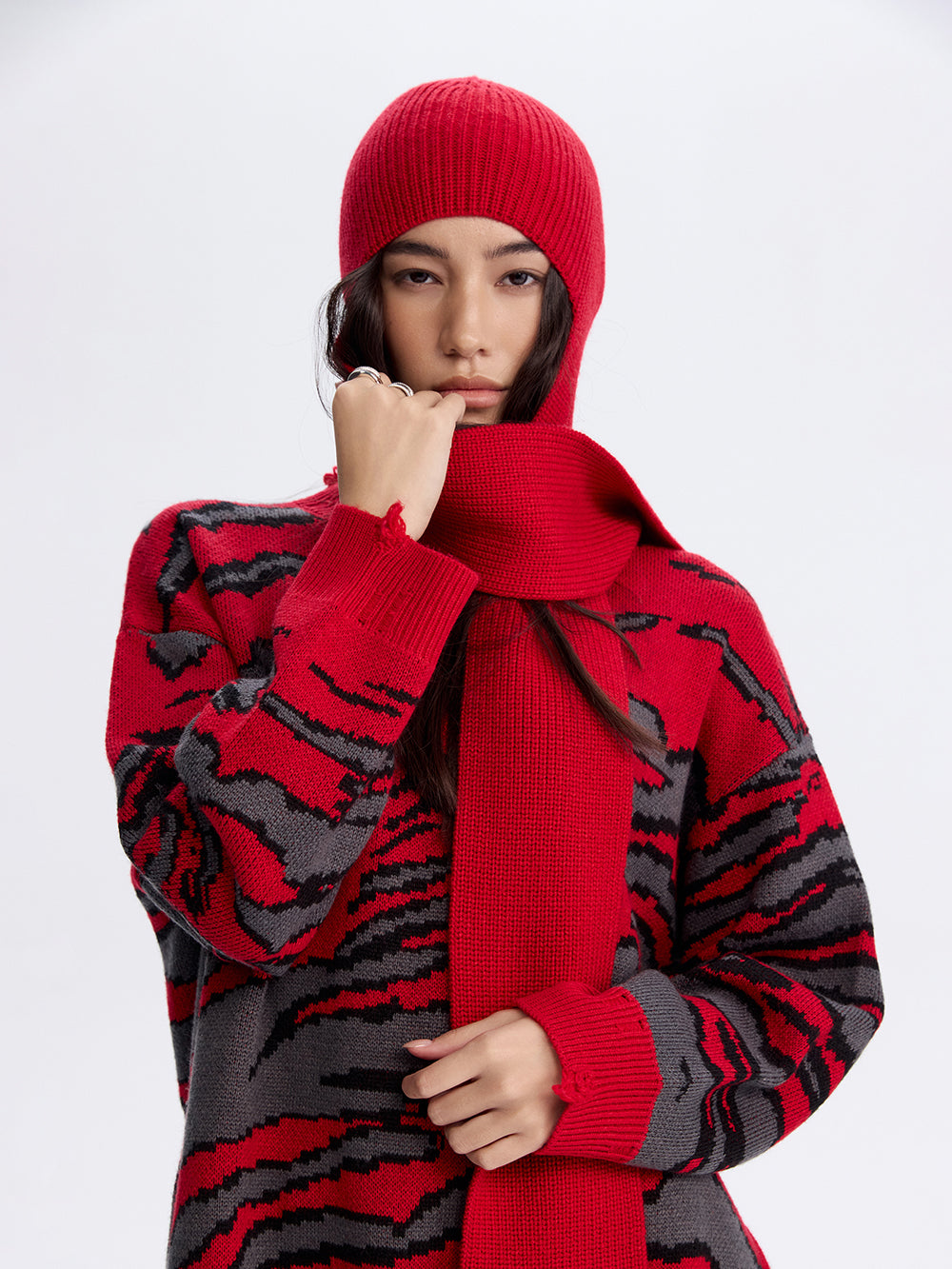 Knit Bonnet with Scarf — Red