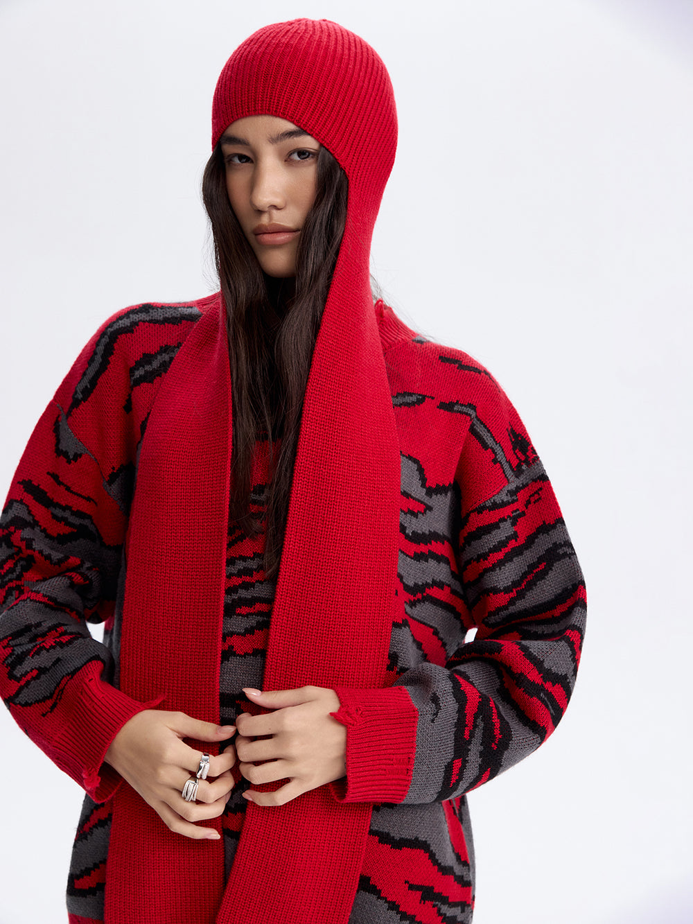 Knit Bonnet with Scarf — Red