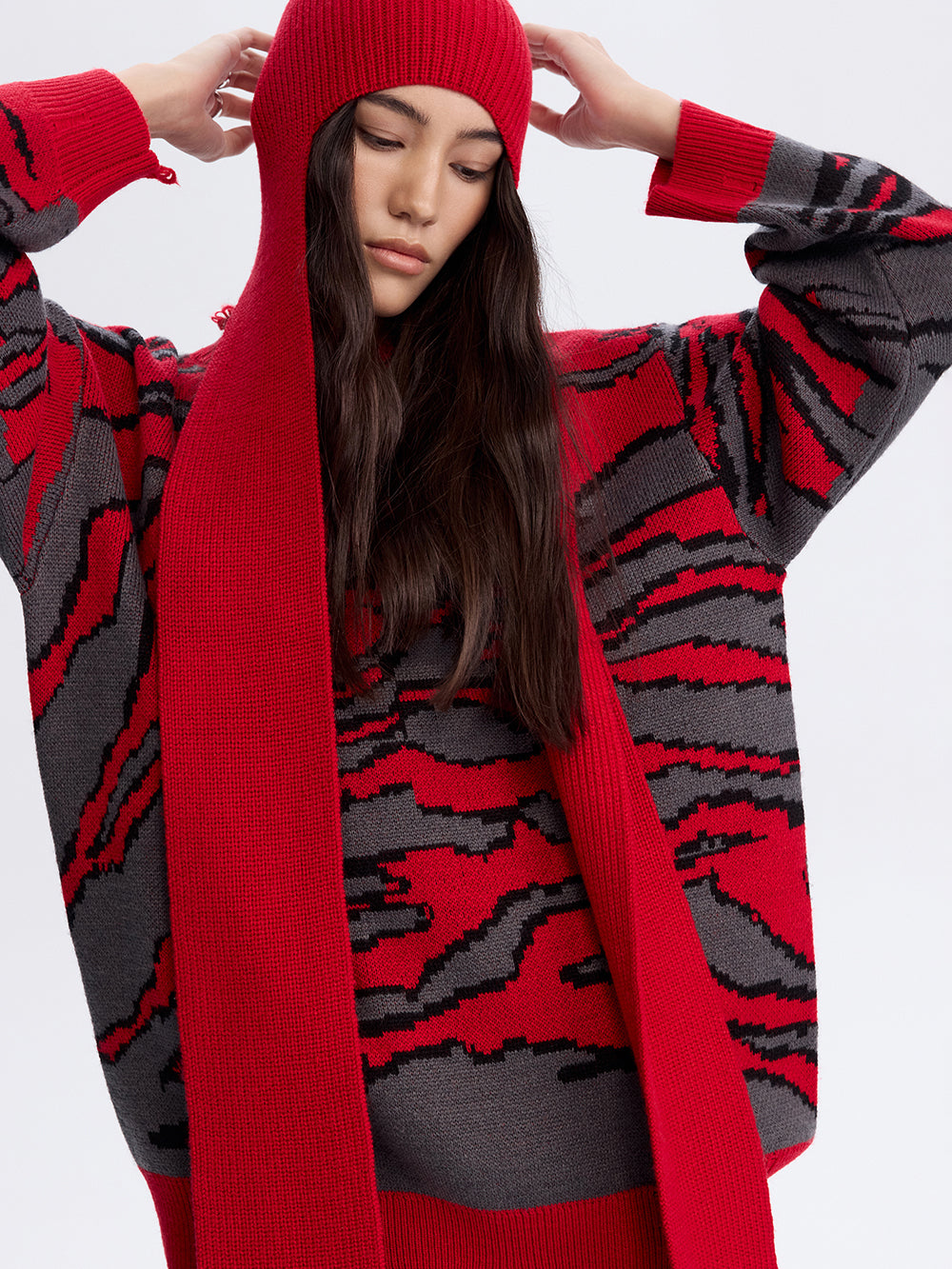 Knit Bonnet with Scarf — Red