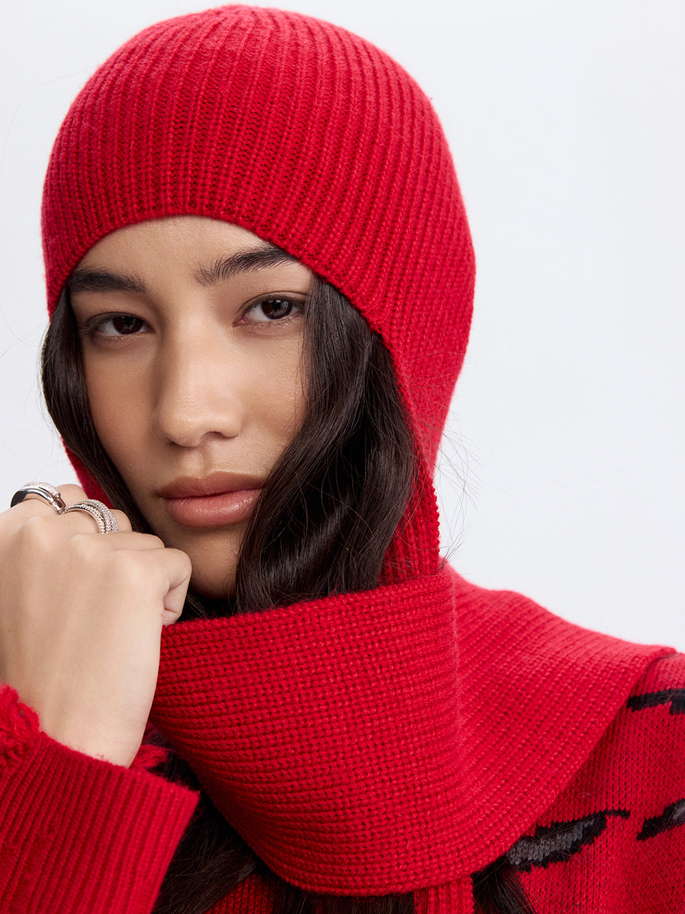 Knit Bonnet with Scarf — Red