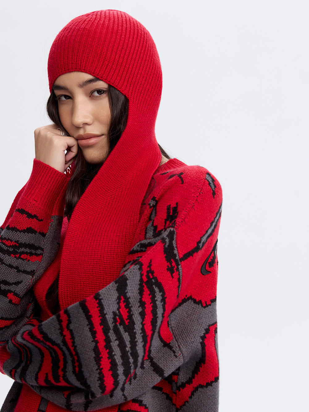 Knit Bonnet with Scarf — Red