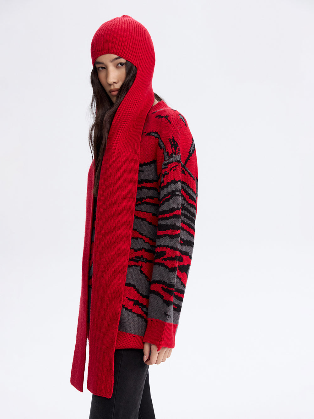 Knit Bonnet with Scarf — Red