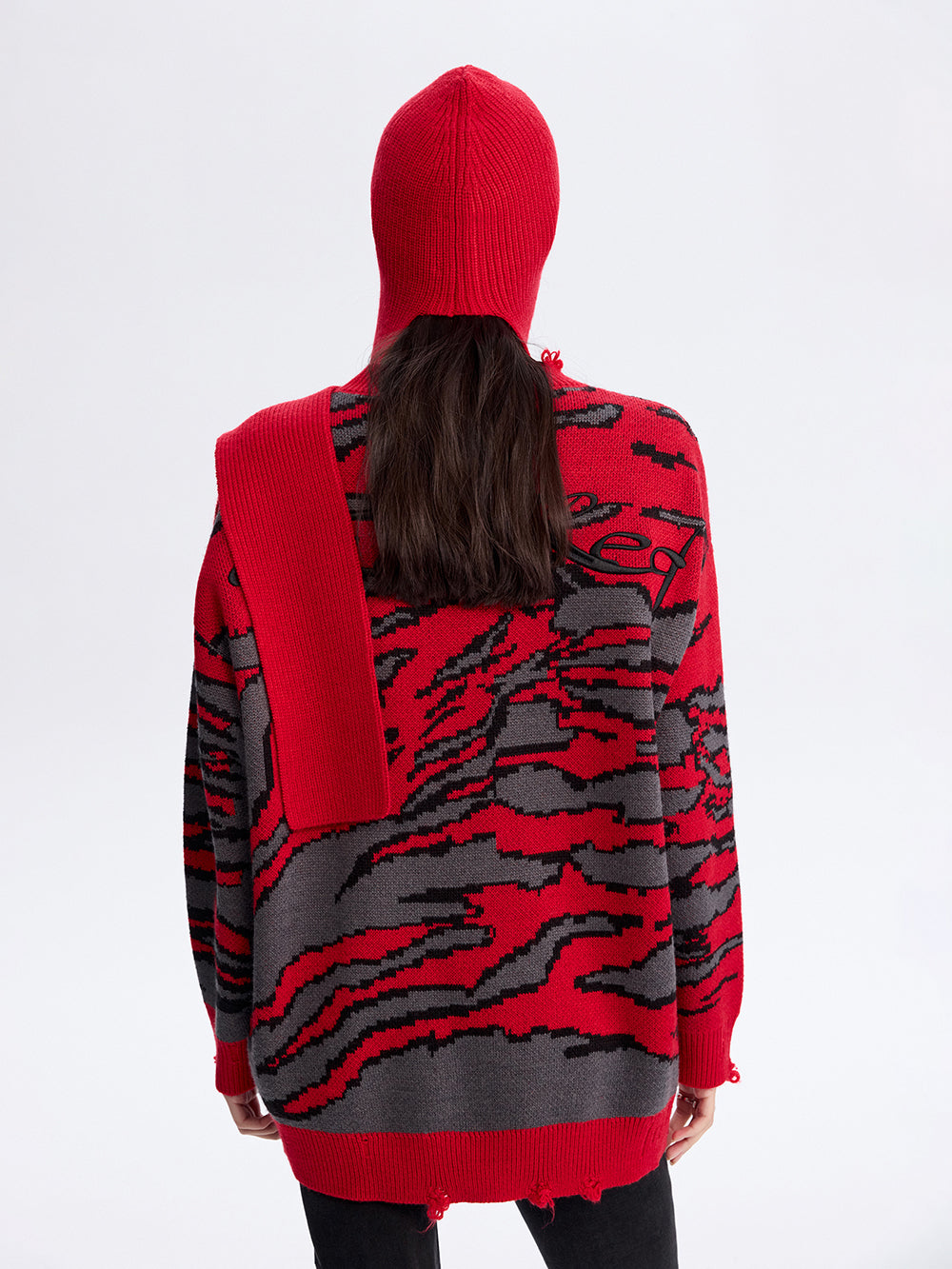 Knit Bonnet with Scarf — Red