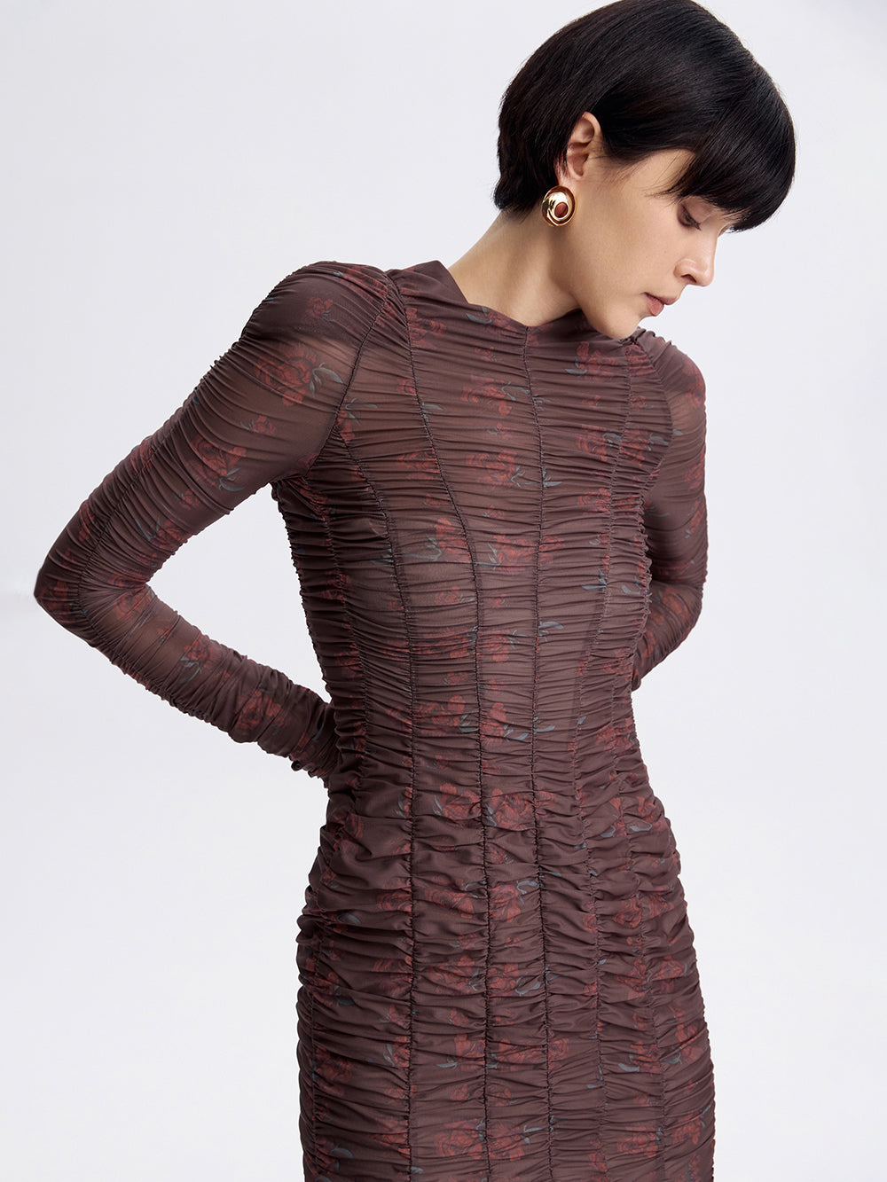 Ruched Mesh Dress — Micro Rose