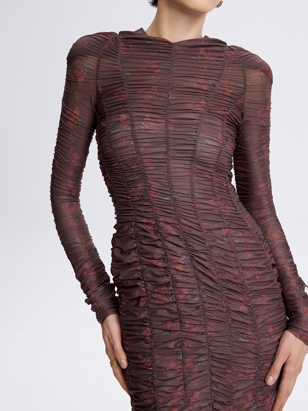 Ruched Mesh Dress — Micro Rose