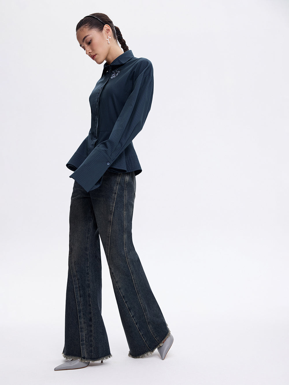 PRAS rose peplum shirt, side, full length