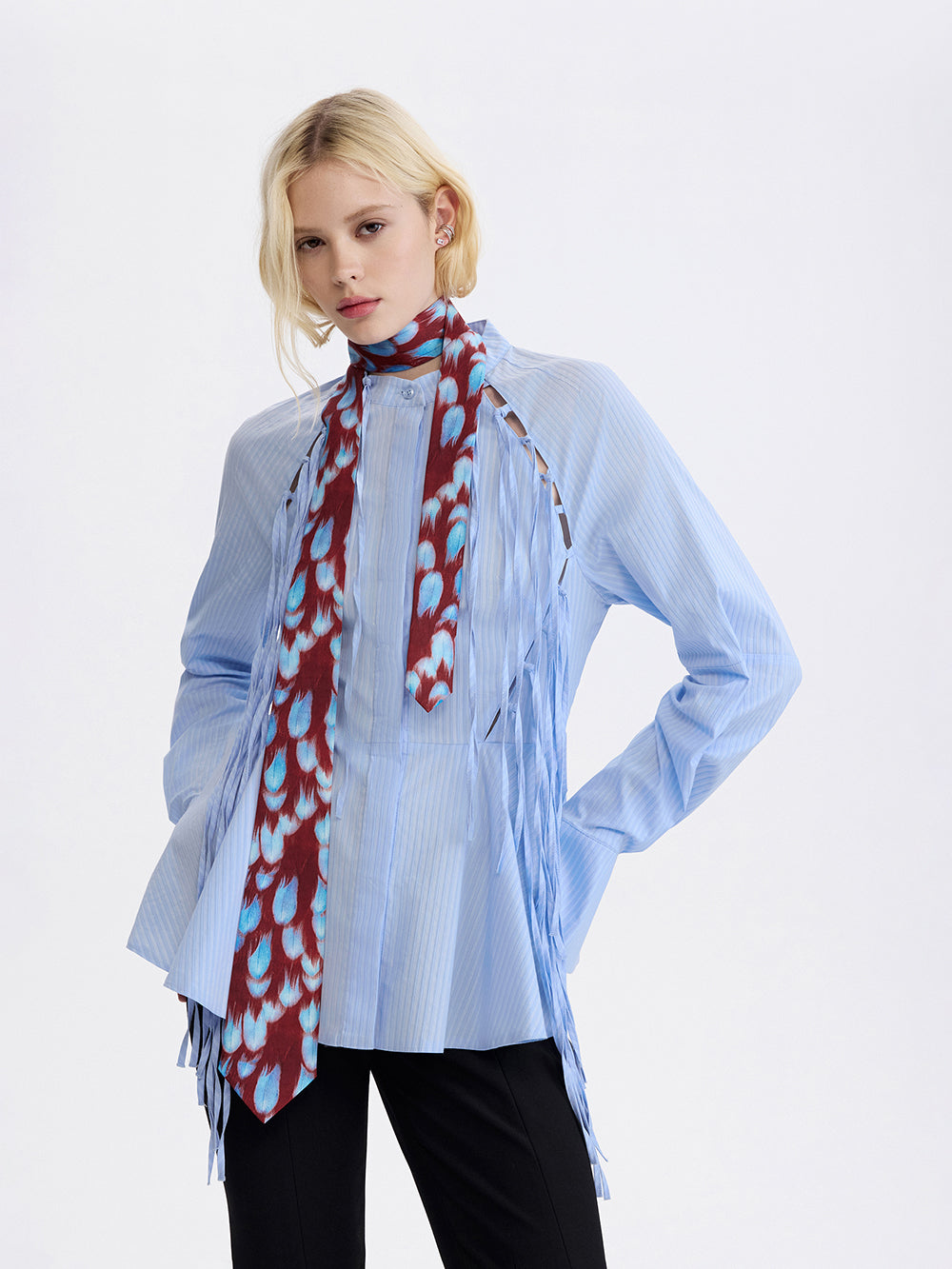 PRAS fringe peplum shirt, styled with a printed scarf