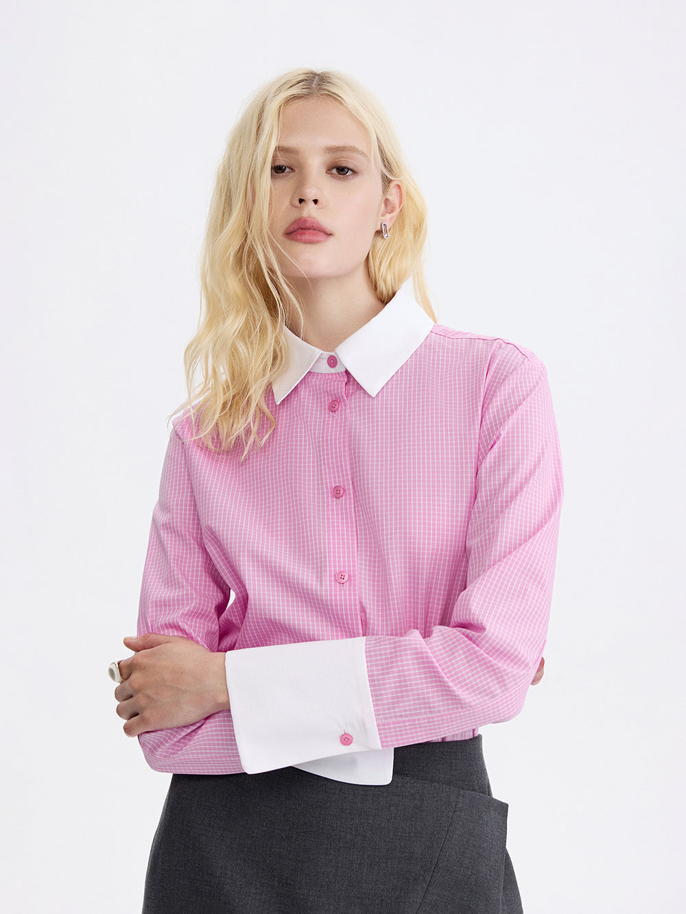 PRAS contrast collar shirt in pink check, contrast cuff