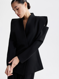 Black jacket with architectural shoulders, front view