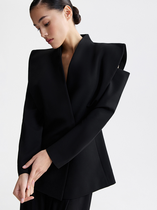 Black jacket with architectural shoulders, front view