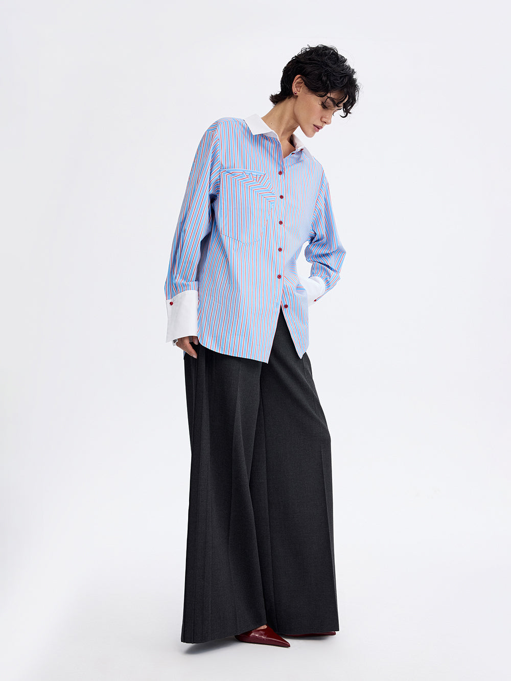 PRAS relief palazzo trousers in dark grey, three-quarter